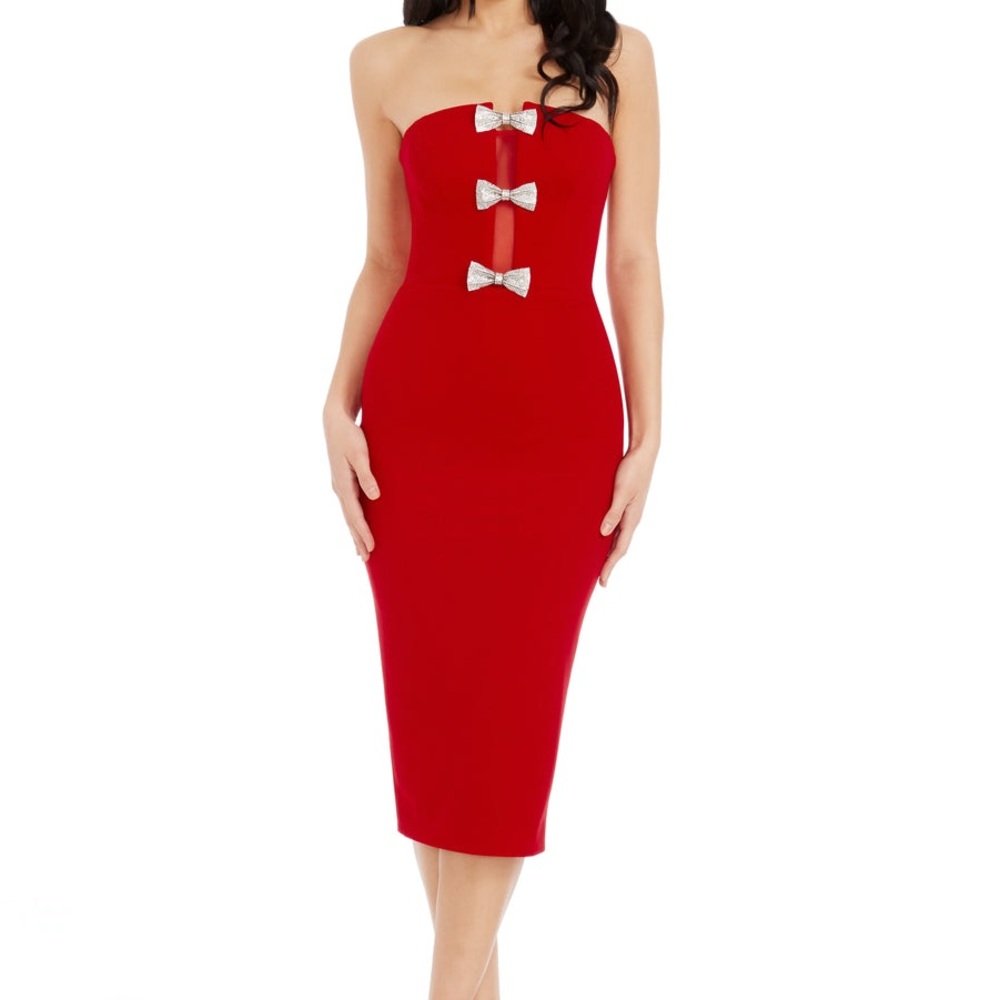 Dress the Population Strapless Red Midi Dress with Bows